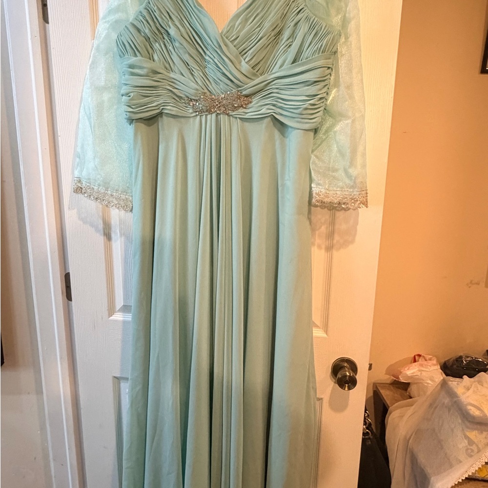 Bridgeton theme Elegant Light Blue Evening Gown with Sheer Sleeves
